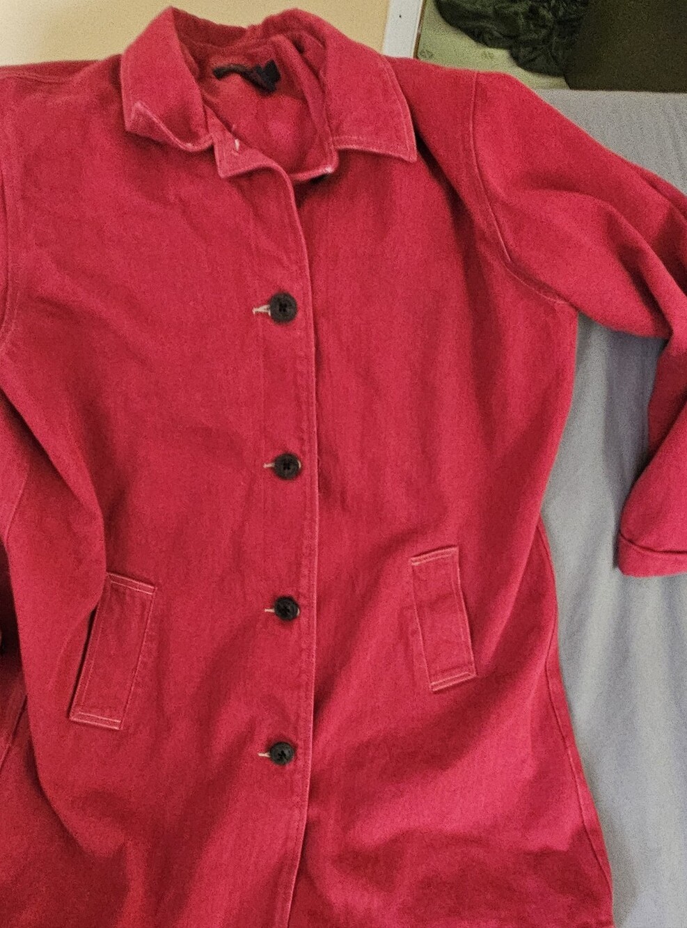 Y2K Vintage Denim&Co Red Button Front Trench Coat/Long Duster Chore Jacket.